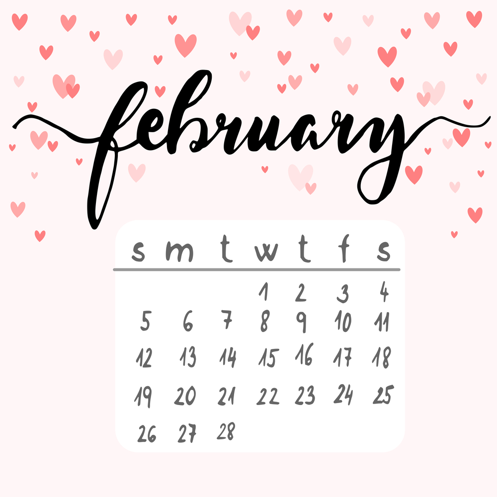 A February calendar of national days surrounded by hearts.