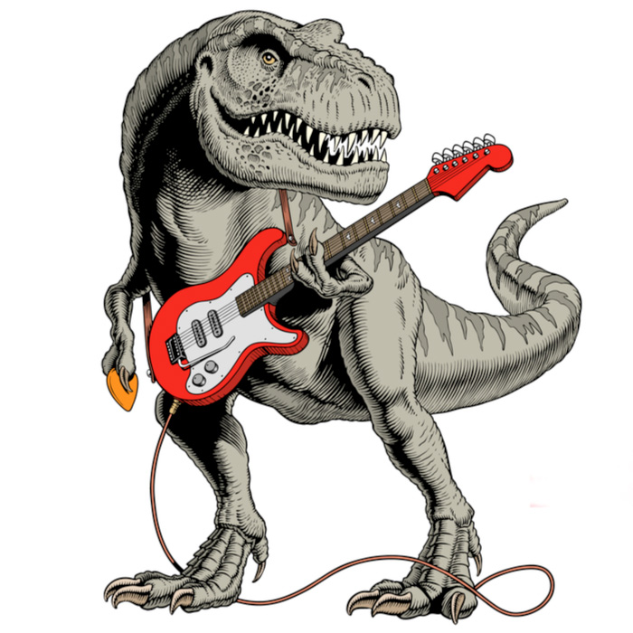 A dinosaur holding an electric guitar. Dinosaur playing the electric guitar