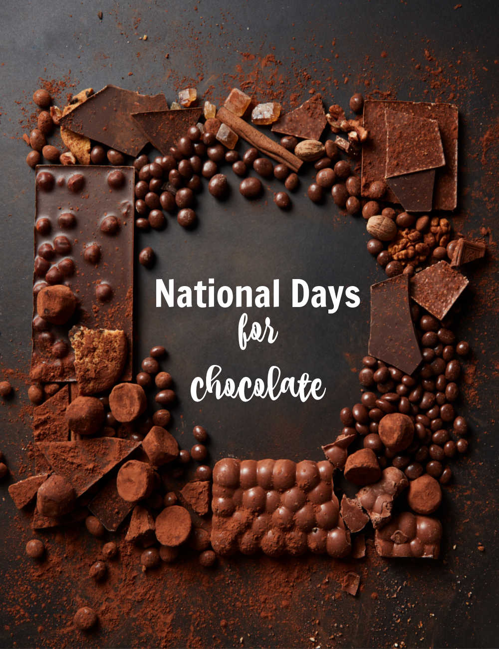 Different types of chocolate in a square with words reading National Days for Chocolate.