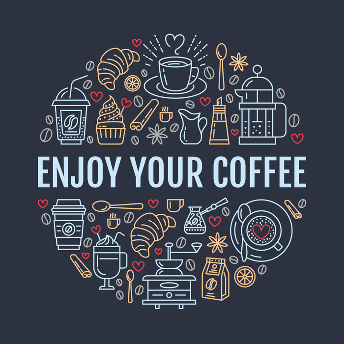 A graphic of different coffee images with text in the middle that says "enjoy your coffee".