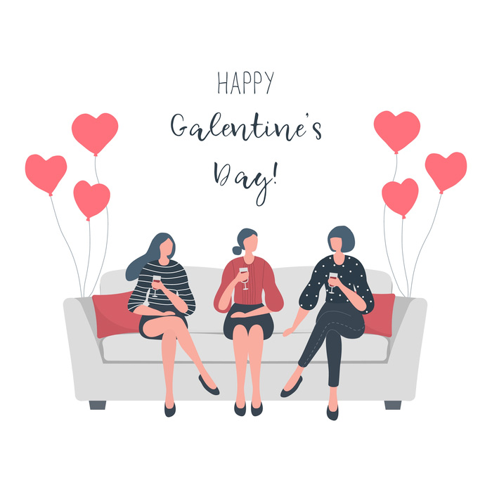 A cartoon image of three women sitting on a couch with heart shaped balloons tied to it and a text overlay that says "Happy Galentine's Day"