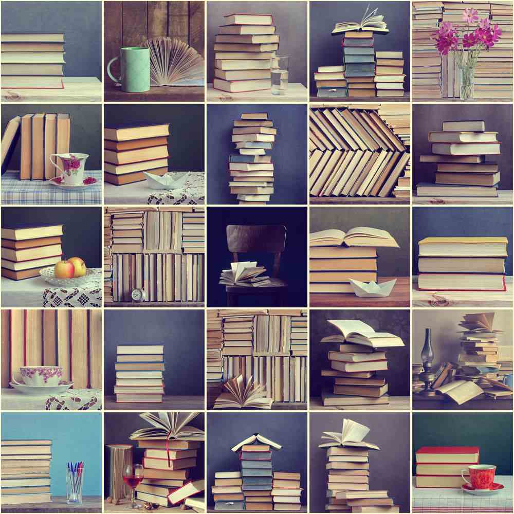 A collage of twenty five different book stacks as suggestions for how to organize books in different ways.