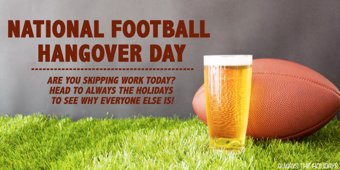 Football and beer on grass with National Football Hangover Day text overlay. A beer and football on grass with a text overlay for National Football Hangover Day.