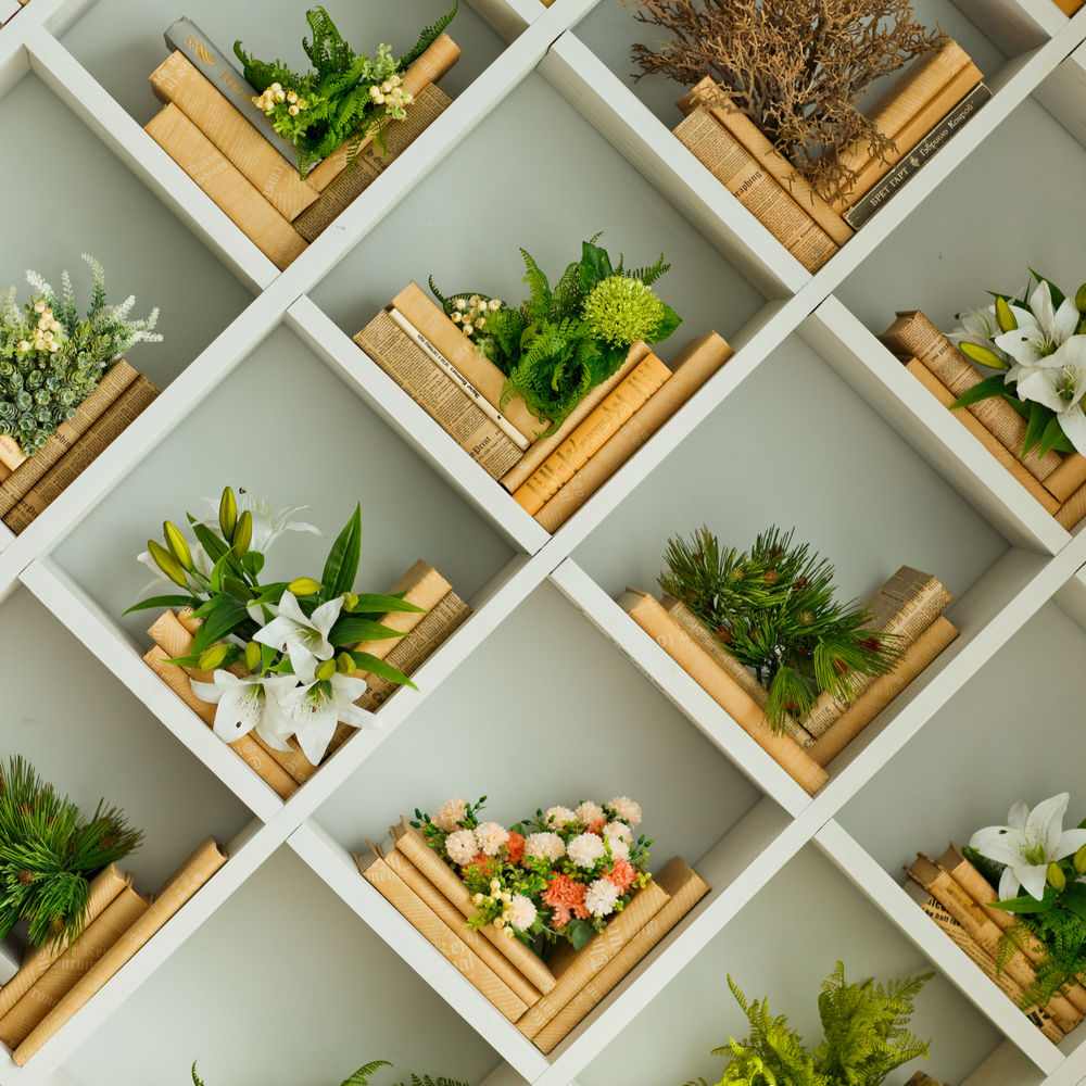 An image of styled bookshelves with tan colored books laying diagonally with plants on top of them.