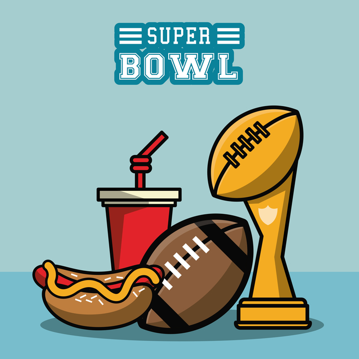 Super Bowl party food, the Vince Lombardi Trophy and a Super Bowl text overlay.