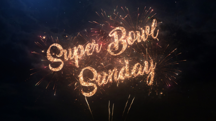 Super Bowl Sunday fireworks. Fireworks spelling out the words Super Bowl Sunday to celebrate the Super Bowl date on the first Sunday of February.