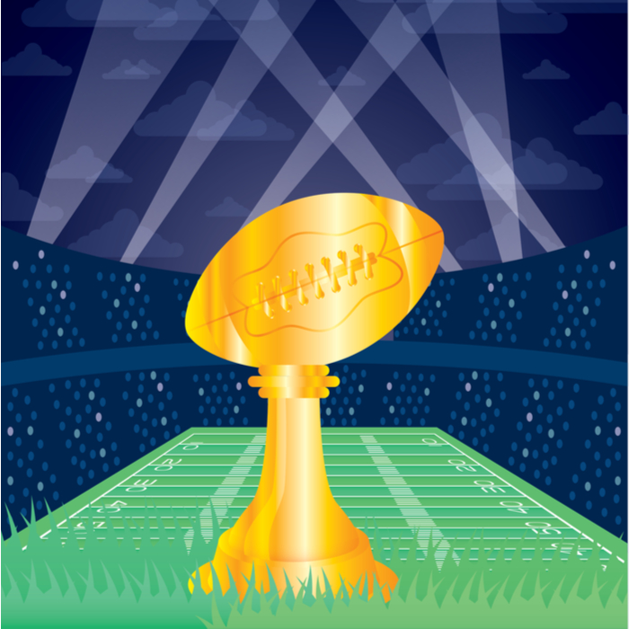 Golden graphic of the Vince Lombardi Trophy. A golden graphic of the Vince Lombardi Trophy (in a stadium) which is given out at the Super Bowl.