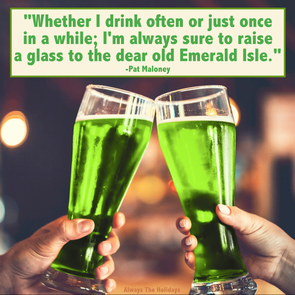 Two green beers and a quote overlay. Two green beers in a cheers, with a St Patrick Day quotes text overlay.