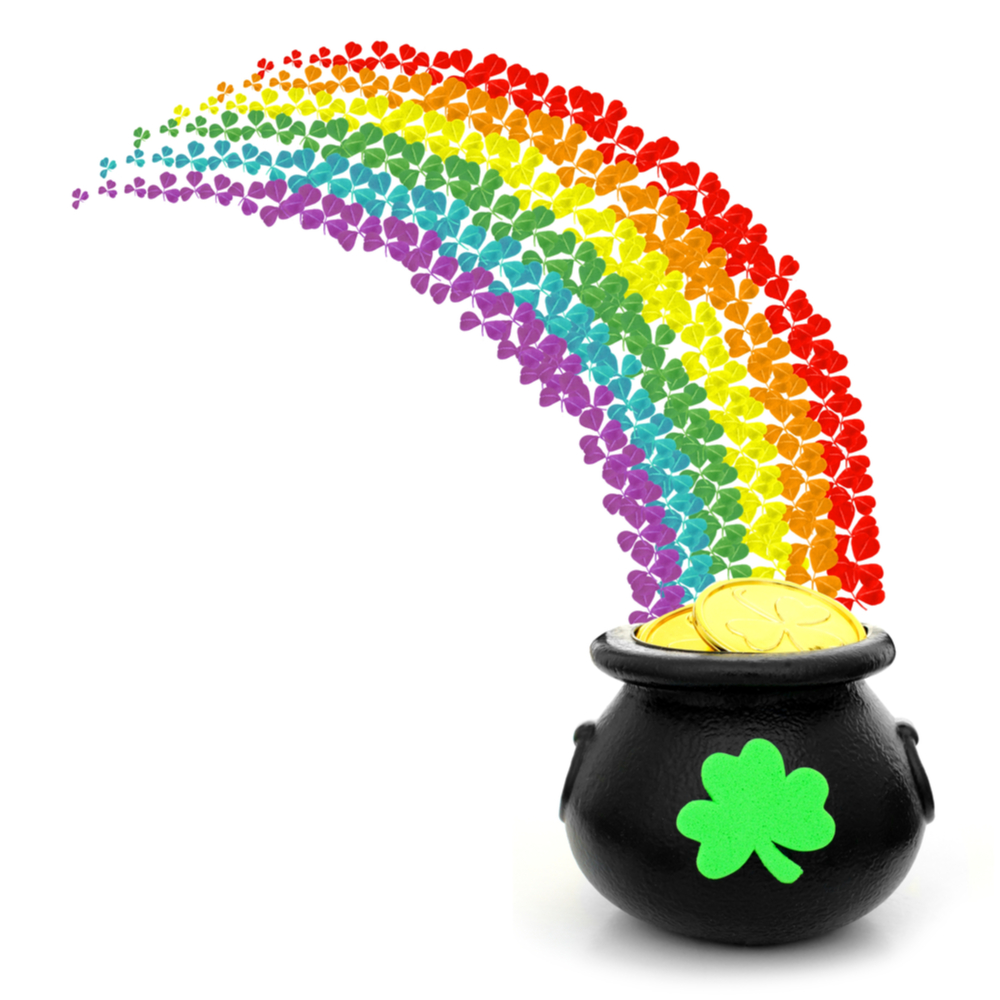 A rainbow leading to a pot of gold. A rainbow of four leaf clovers leading to a pot of gold.