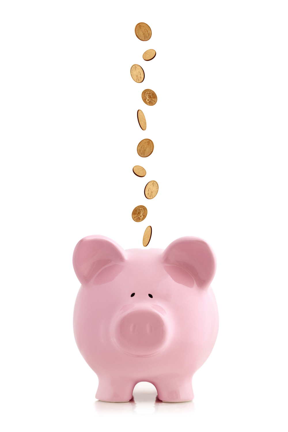 Pink piggy bank with gold coins. A pink piggy bank with lucky gold coins dropping into it.