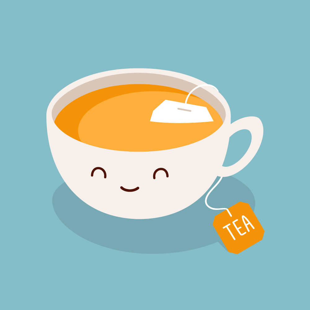 A cute cartoon cup of tea against a plain blue background