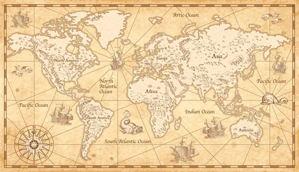 Vintage map photo. A vintage map of the world in sepia tones.
