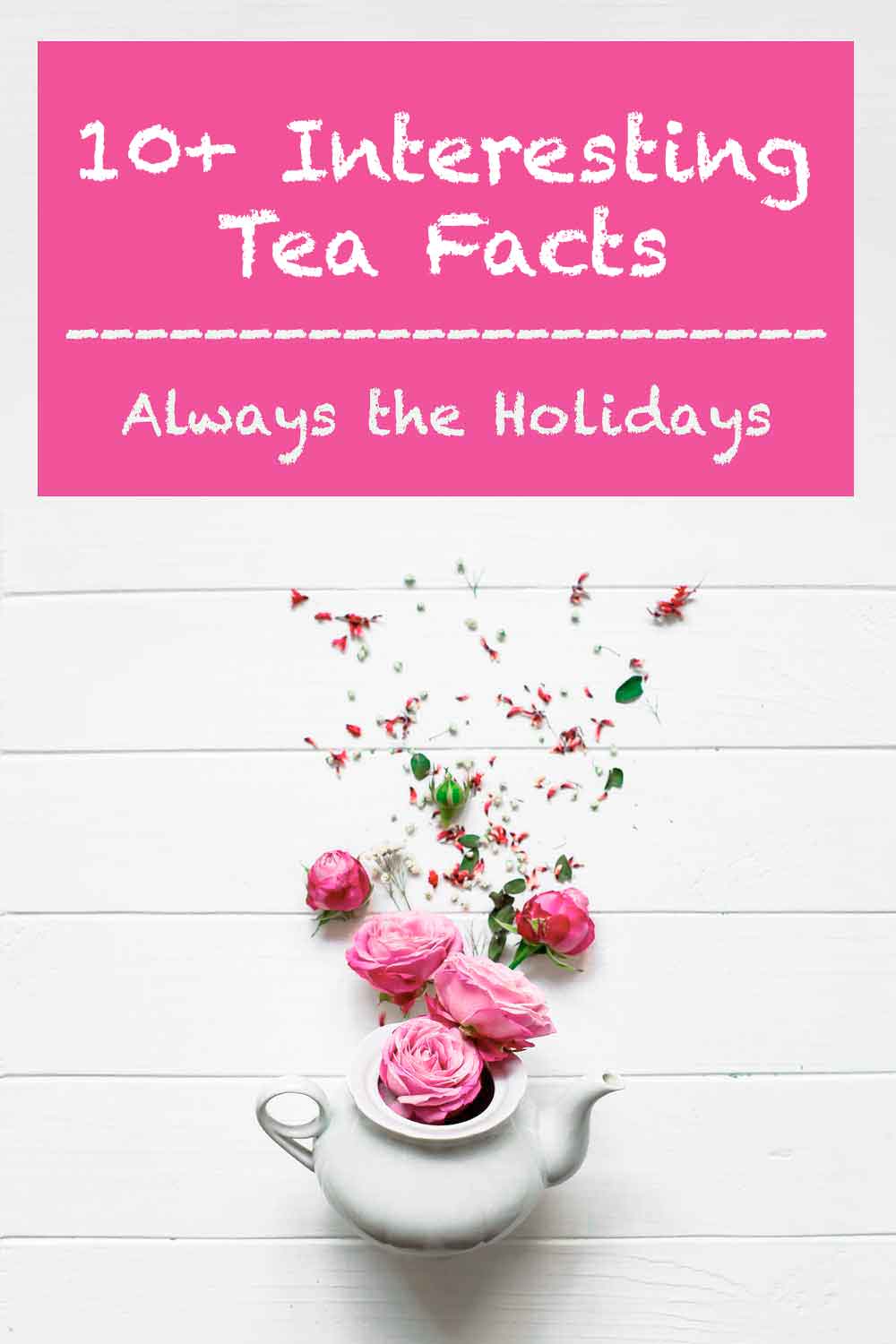 A white teapot on a white background spilling pink roses upwards with text above it that reads "10+ interesting tea facts".