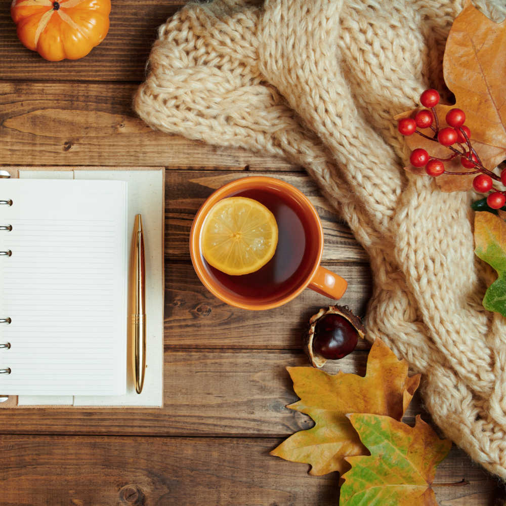 A cup of tea next to a planner surrounded by a blanket and fall foliage.