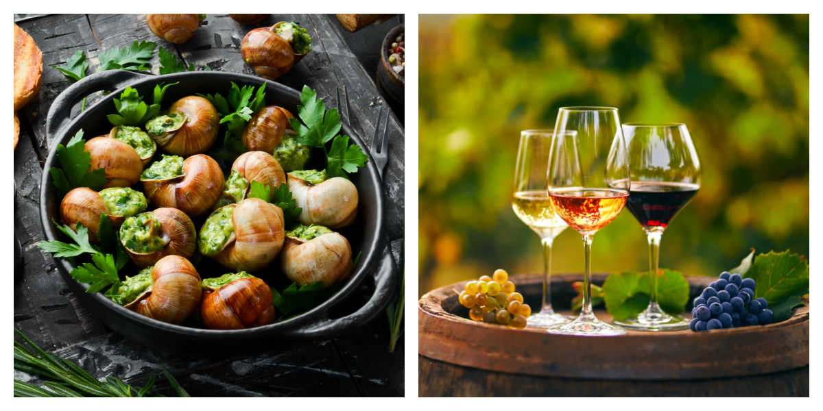 National food days in May Bowl of snails and bottles of wine.