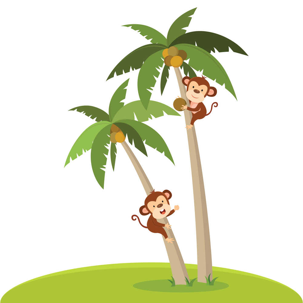 Monkeys climbing coconut trees. Two clipart monkeys climbing coconut trees.