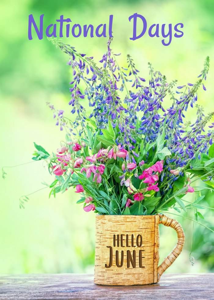 National Days - Hello June! A bamboo mug of flowers with words Hello June on it in brown lettering, sitting on a wooden ledge with a blurred green background of a field, and purple text at the top of the image reading national days.