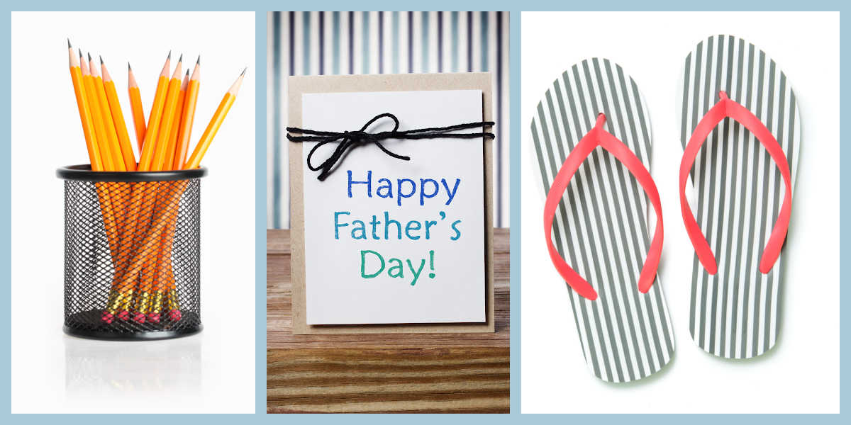 Pencils, Father's Day and flip flops in a collage.