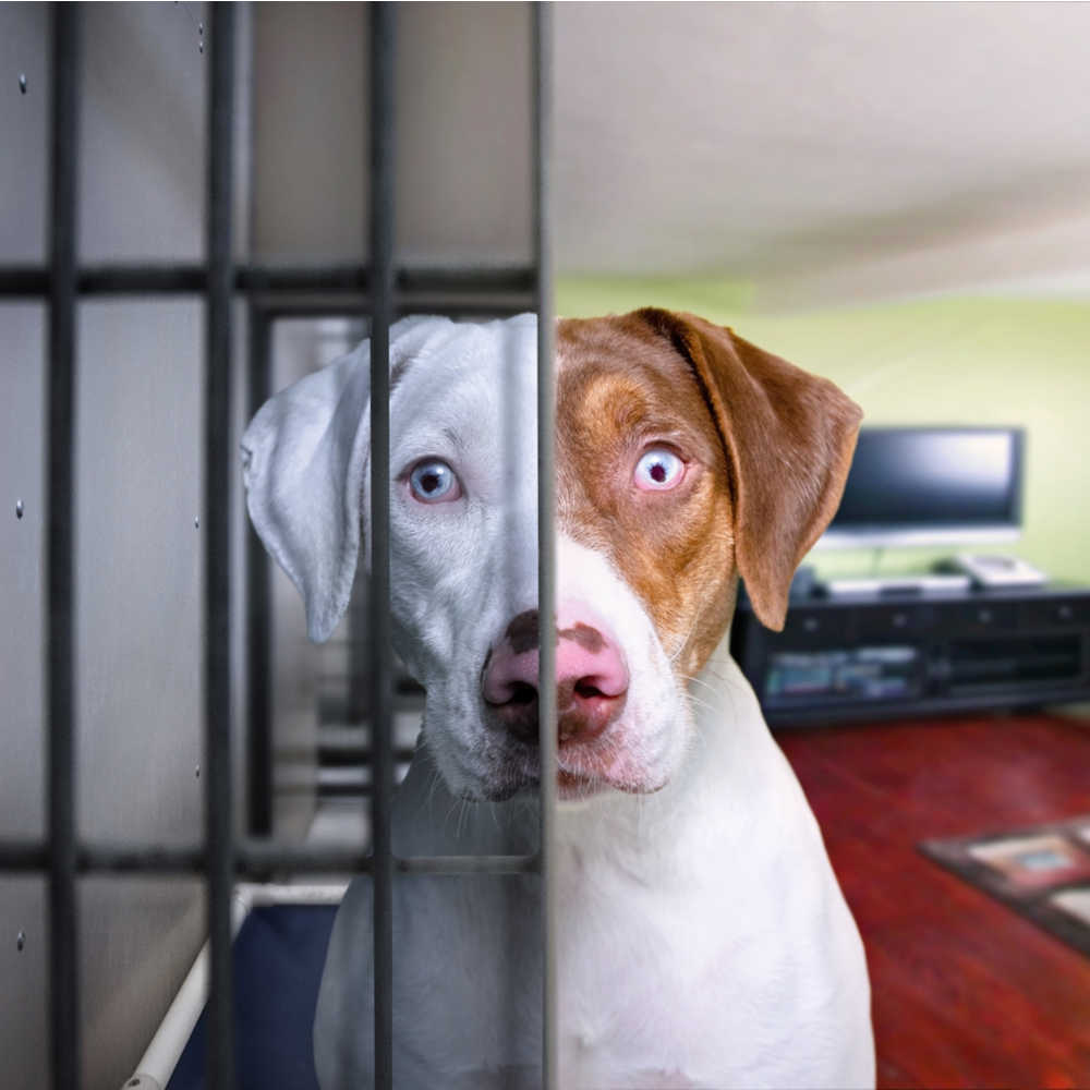 A dog in a living room with bars across half of his face, so he looks like a shelter dog on one side of the photo, and an adopted dog on the other side of the photo as a symbol of adopting shelter pets on National Rescue Dog Day.
