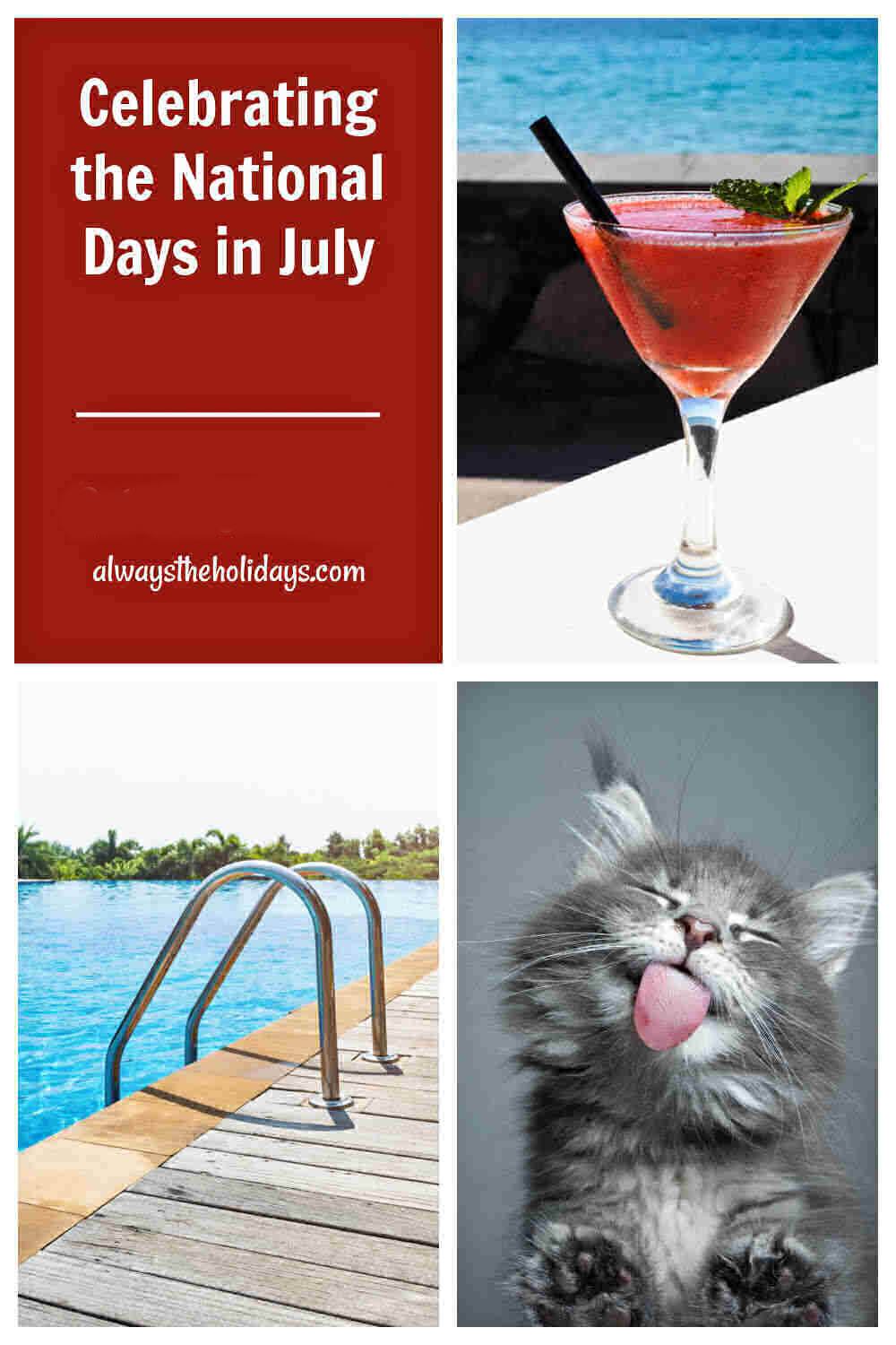 July national days Cocktail, swimming pool and kitten with words celebrating the national days in July.