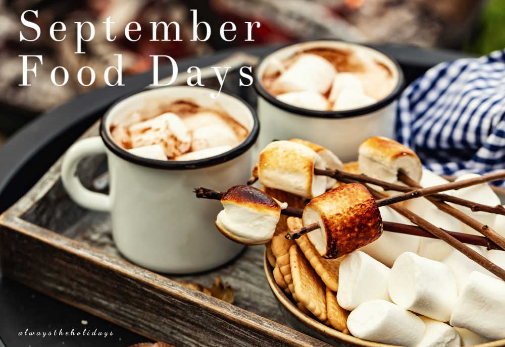 Hot chocolate and toasted marshmallows on a wooden tray with a gingham napkin and the with words September Food Days in white lettering above them.