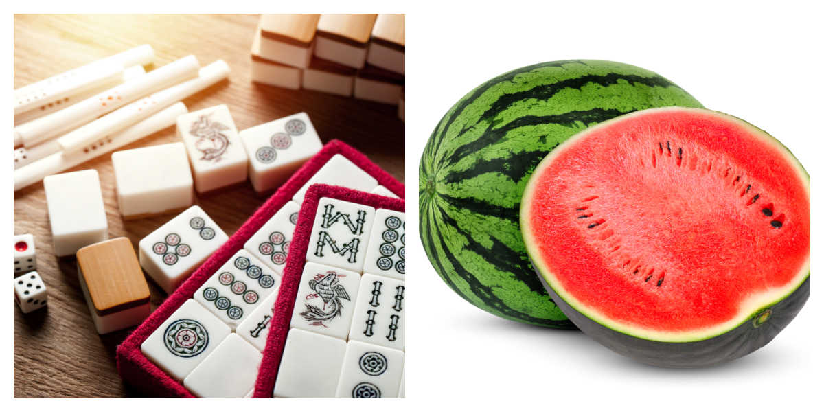 A collage of two images with the image on the left being Mahjong tiles for National Mahjong Day and the image one the right being two watermelon halves for National Watermelon Day.