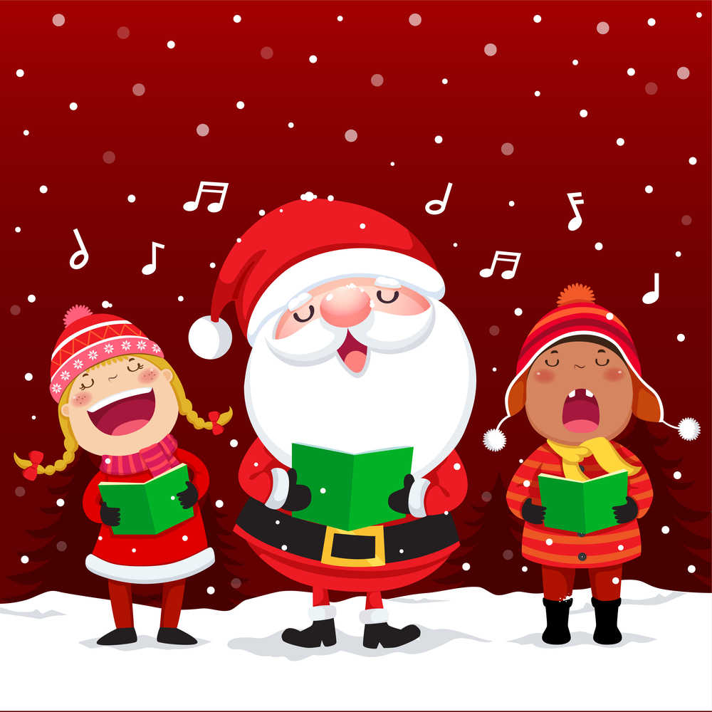 Cartoon carolers singing Christmas music.