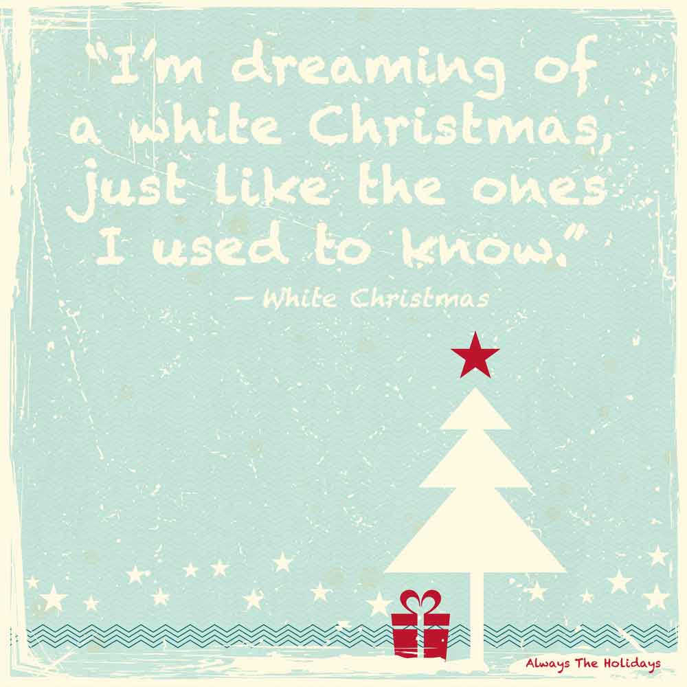 A vintage blue background with a white Christmas tree with a red present under it and a text overlay of quotes from Christmas songs on it.