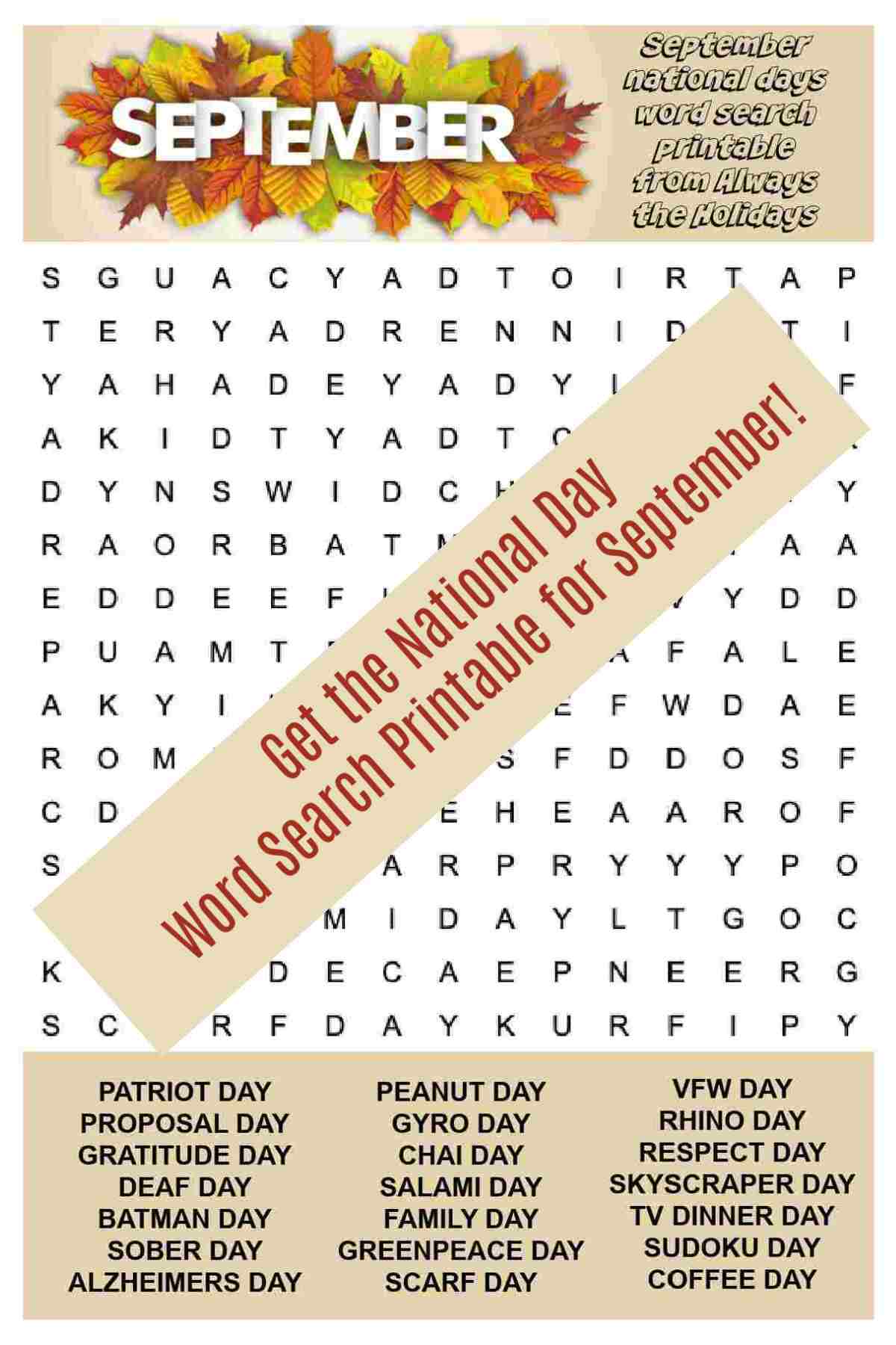 Word find puzzle with leaves and banner overlay that reads Get the National Day Word Search Printable for September.