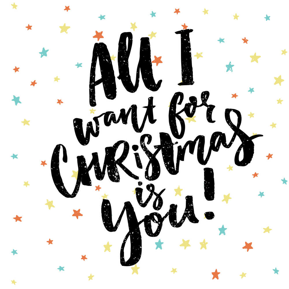All I want for Christmas is you quote on a polka dotted white background.