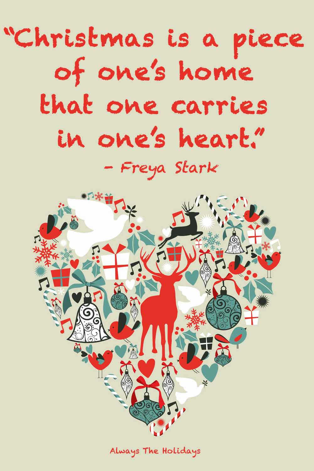 A heart filled with Christmas themed things, with a childhood Christmas quotes text overlay on top.
