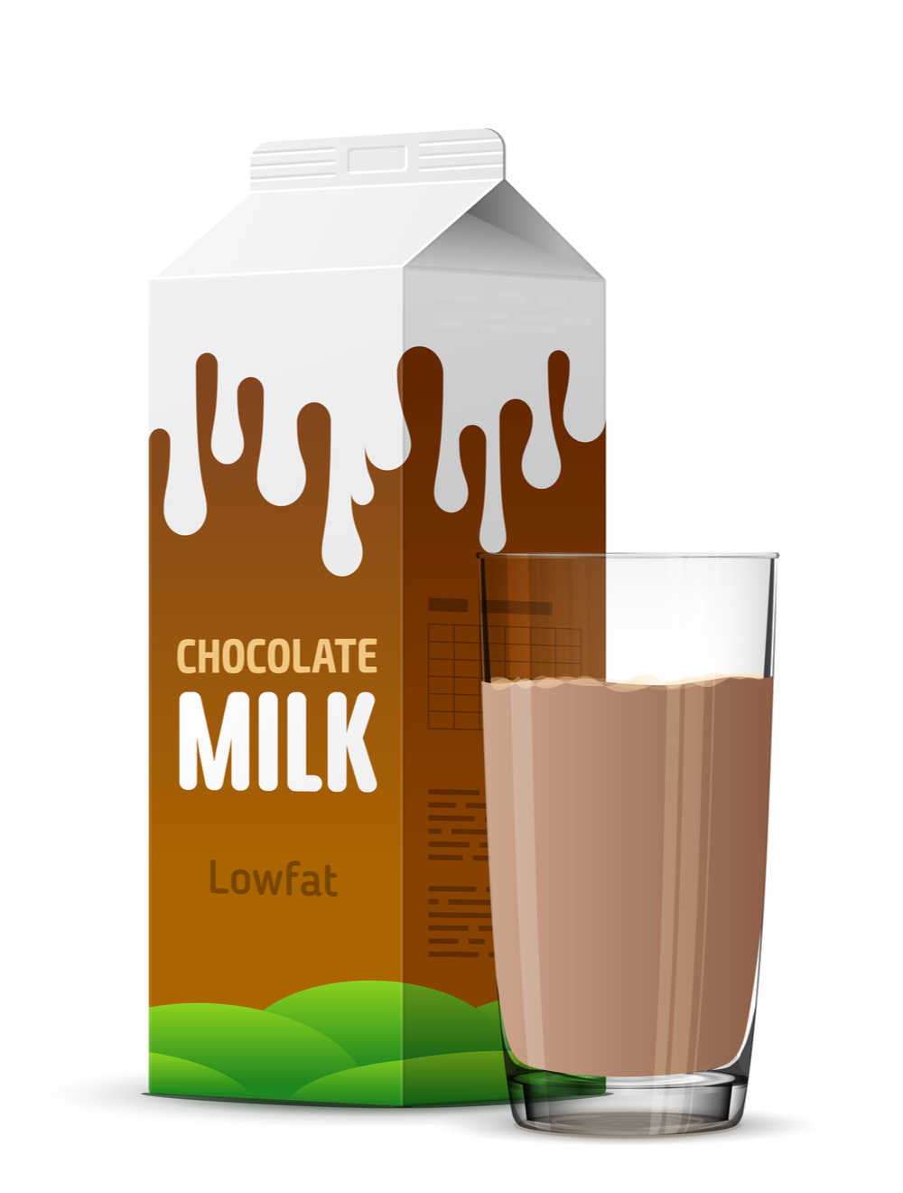 A cartoon style carton of lowfat chocolate milk beside a glass of chocolate milk.