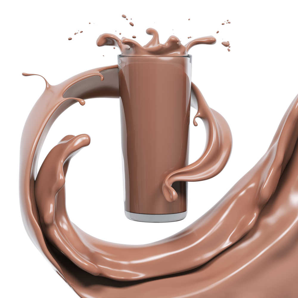 A glass of chocolate milk and a chocolate milk swirl. A glass of chocolate milk with chocolate milk swirling through the air around the glass.
