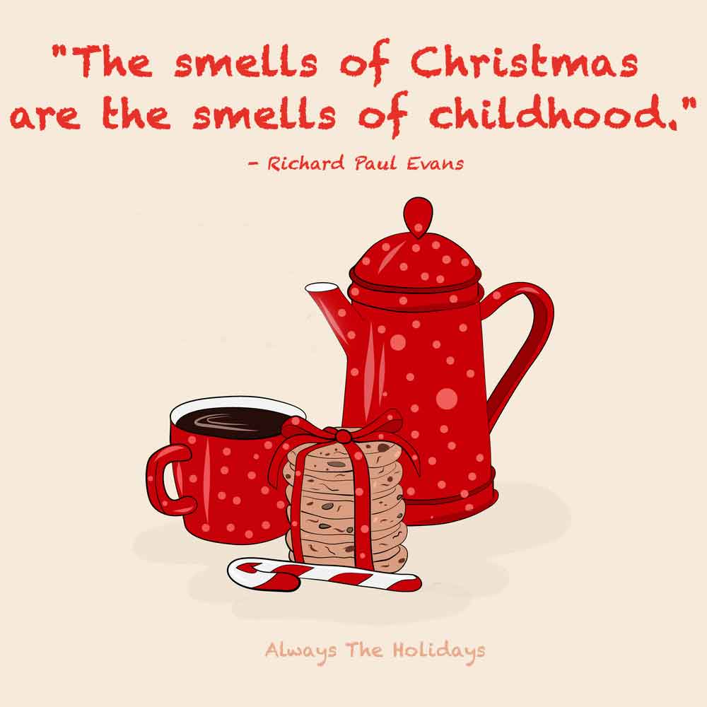 A stack of cookies, mug of coffee, candy cane and coffee carafe on a beige background with a quote about Christmas childhood memories over it.