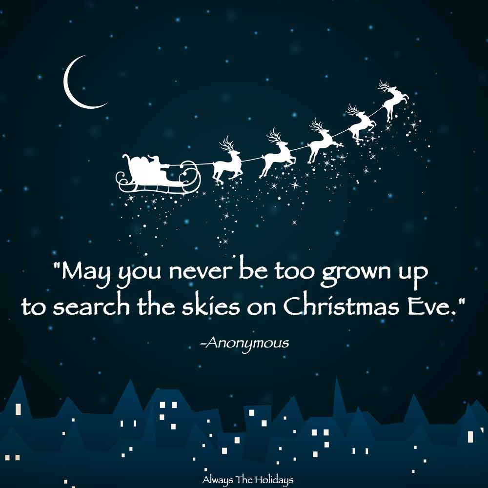 A cartoon sleigh with reindeer flying through the sky over a row of buildings with a Christmas childhood quotes text overlay on top.