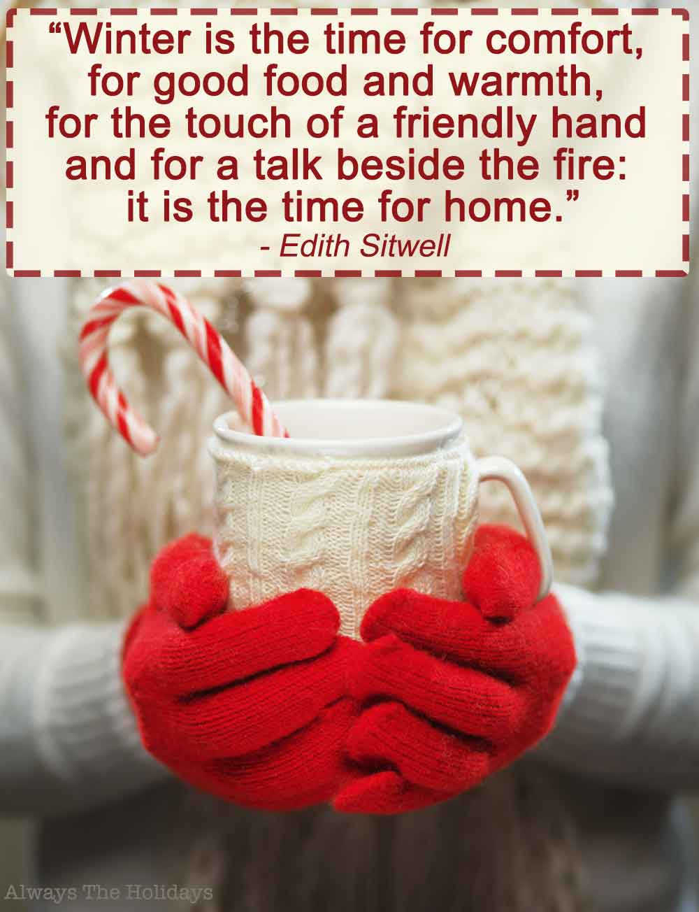 Two hands in red gloves holding a white mug with a peppermint stick and a text overlay with Christmas family quotes on it.