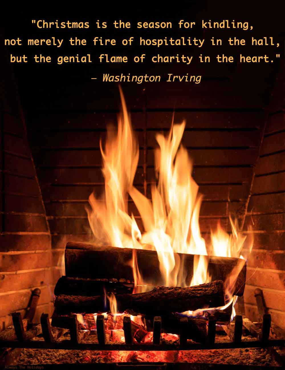 A fire burning in a fireplace with a Christmas quote about giving as a text overlay.