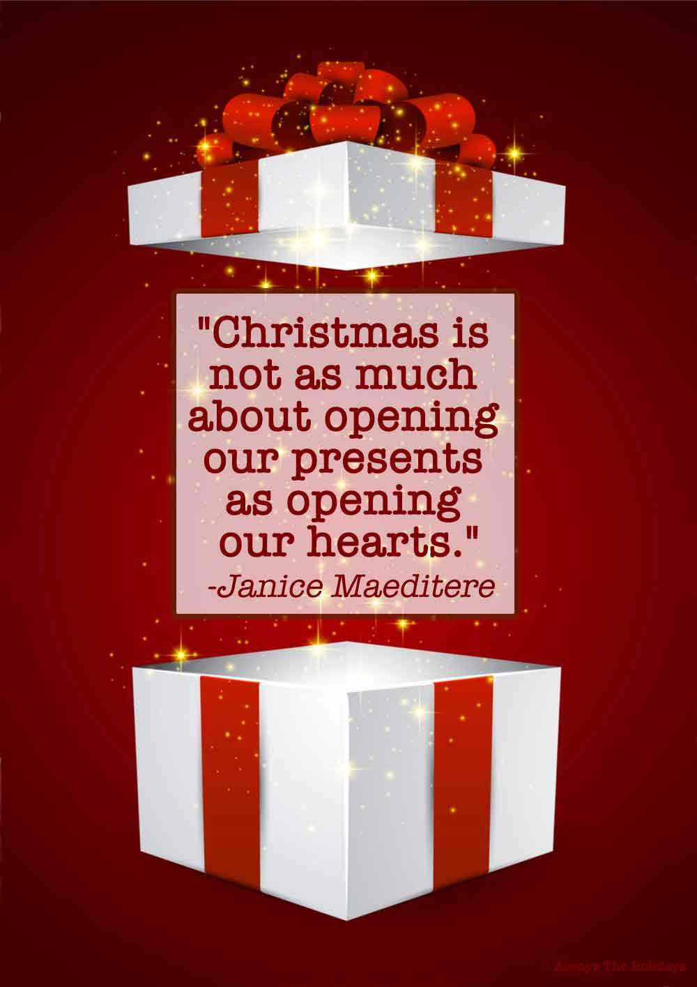 A white box with a red ribbon with the lid levitating off of it, with a Christmas gifts quote text overlay on it.