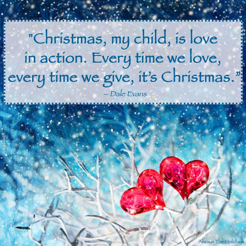 A Christmas love quote over a photo of a white branch on a blue background with snow falling and two red hearts on the branch.