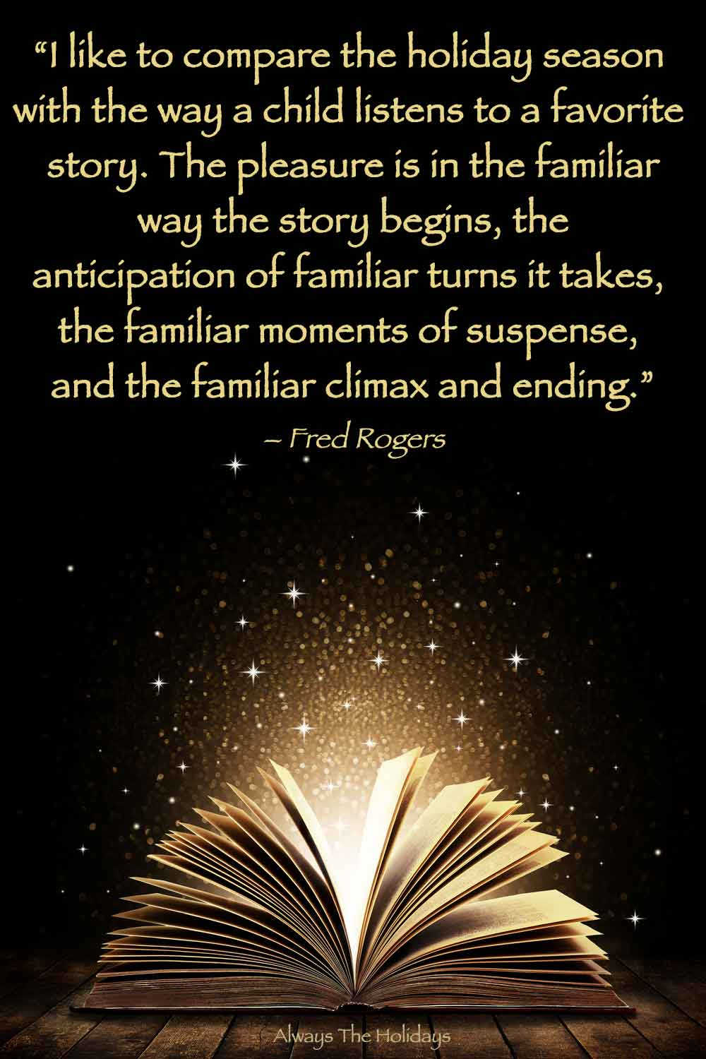 The pages of a book open, with light coming out of them and a Christmas magic quotes text overlay on top.