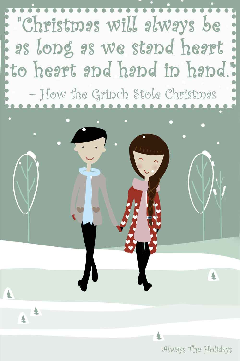 A cartoon couple holding hands walking in the snow with a Christmas movie quote text overlay.