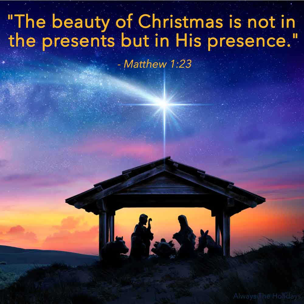 A Christmas nativity scene at sunset with a religious Christmas quotes on it.