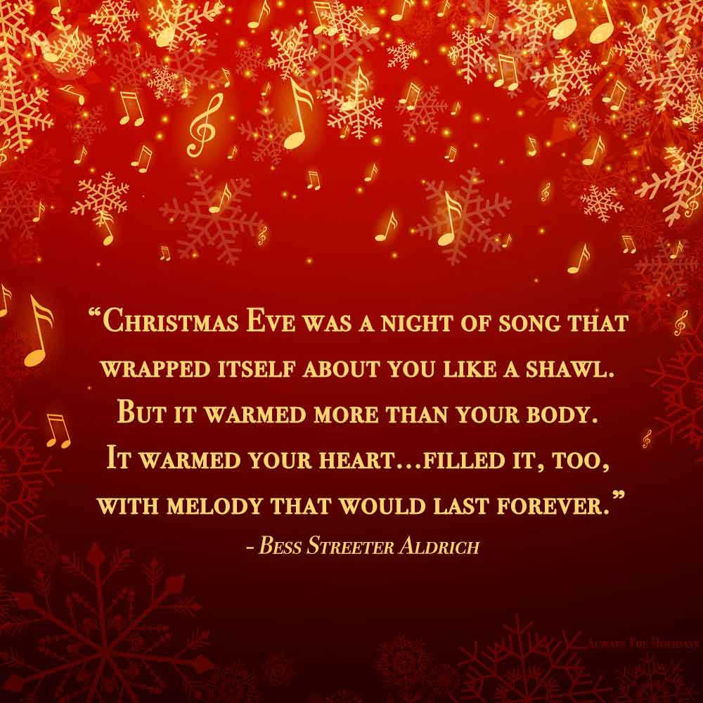A Christmas quote about love on a red background with music notes and symbols all over it.