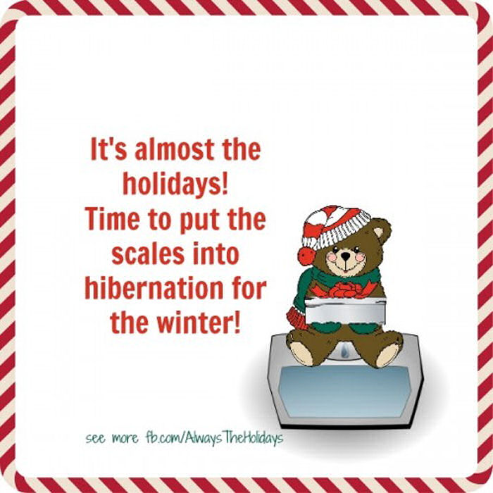 A funny Christmas quote on a white background next to a cartoon bear sitting on a scale.