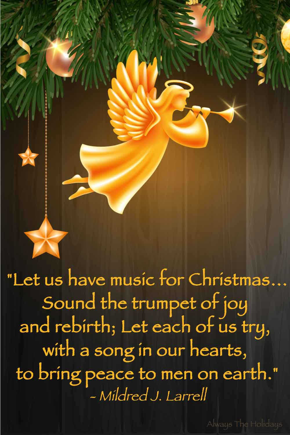 A golden angel with a trumpet in greenery against a wooden background with a text overlay of a religious Christmas quote.