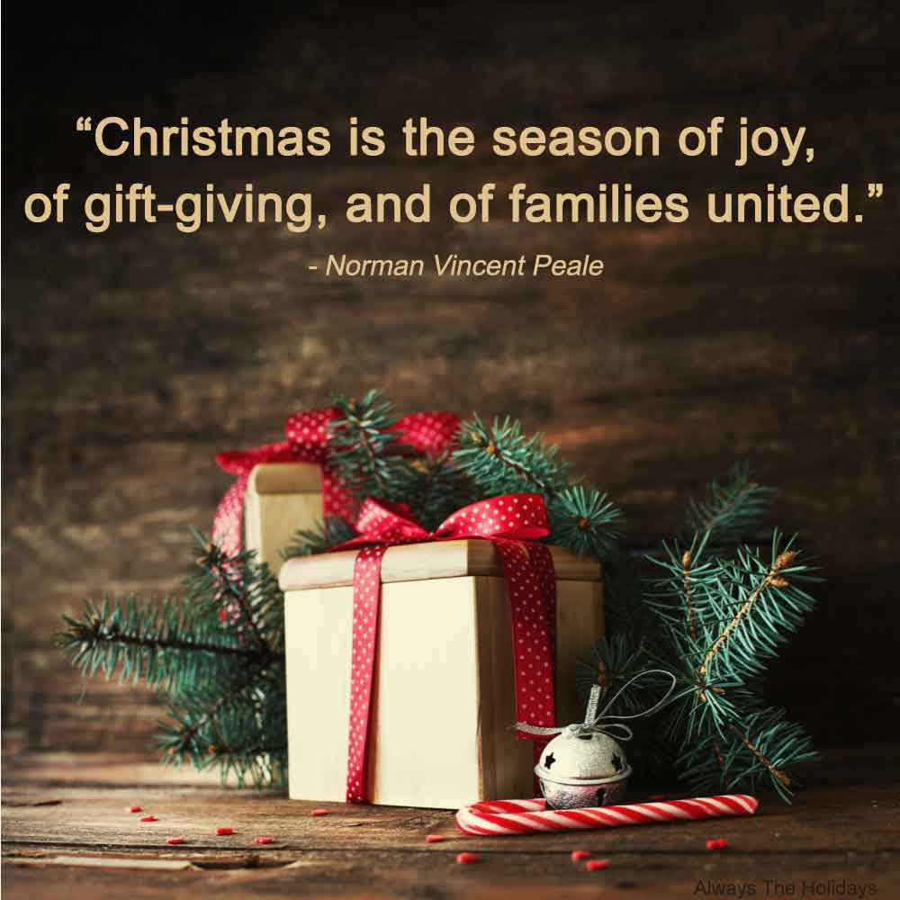 A brown box wrapped with a red ribbon next to pine boughs with a text overlay with Christmas quotes about family in it.