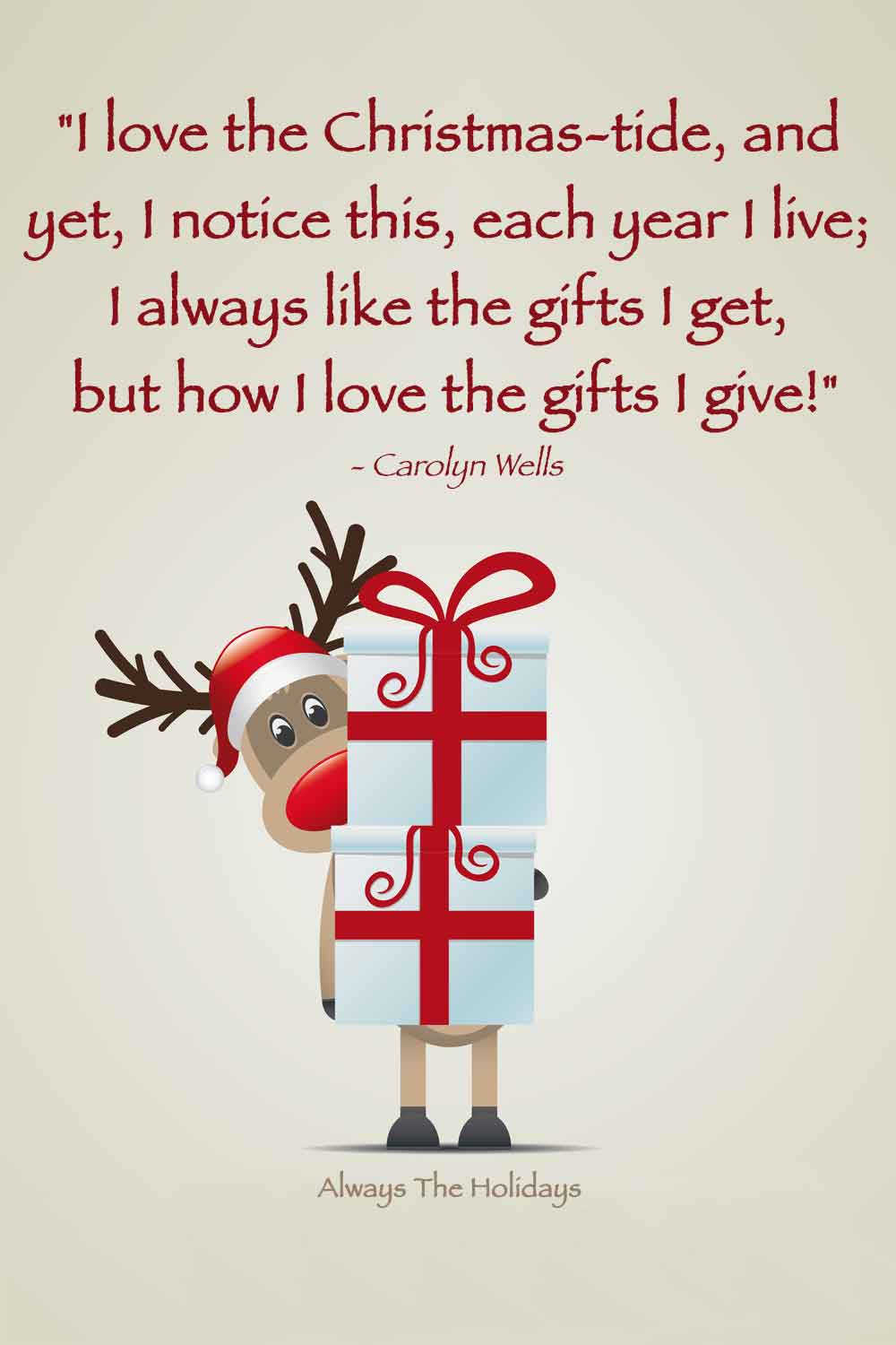 A cartoon reindeer holding two presents with a text overlay with a Christmas quotes about giving on it.