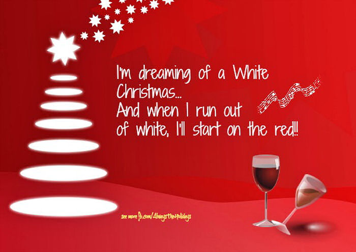 A cartoon Christmas tree and two wine glasses with a funny Christmas quotes on it.