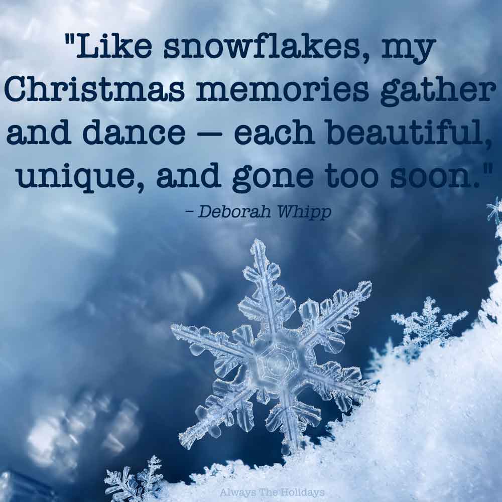 Large snowflake in a pile of snow on a navy background with a Christmas snowflake quote text overlay.