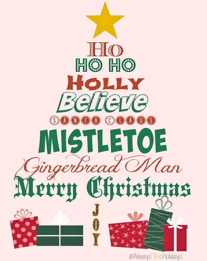 A Christmas tree graphic made up of the Christmas words "ho ho ho, holly, belive, mistletoe, gingerbread man, merry Christmas, joy".